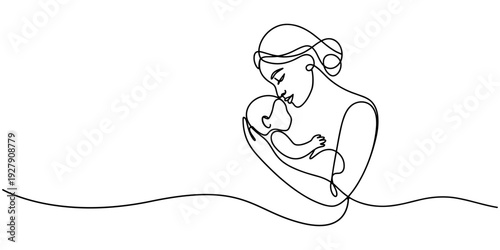 A woman with a baby in her arms. One line drawing with alpha channel, self drawing of continuous one line draw. mother holding her baby. Mother holding baby in continuous line art style.