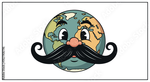 Cartoon illustration of the Earth with a large mustache and expressive facial features on a white background.