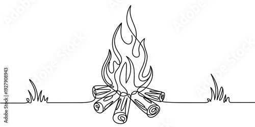Minimalist continuous line art campfire with burning logs