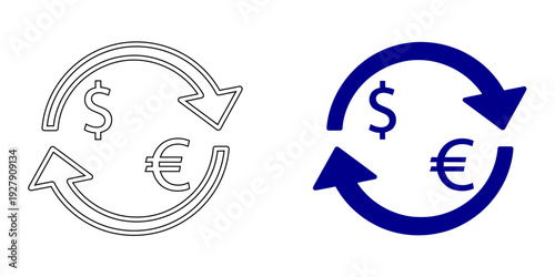 Dollar and Euro Symbols with Circular Rotation Arrows. Concept of Currency Conversion, Forex Trading, International Payment Flow, and Global Financial Exchange. Vector Line and Solid Flat Graphic.
