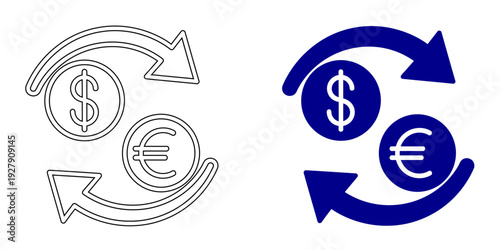 Dollar and Euro Coin Exchange with Circular Arrows. Concept of Foreign Currency Swap, Forex Market Trading, Global Money Transfer, and Financial Conversion. Vector Illustration.