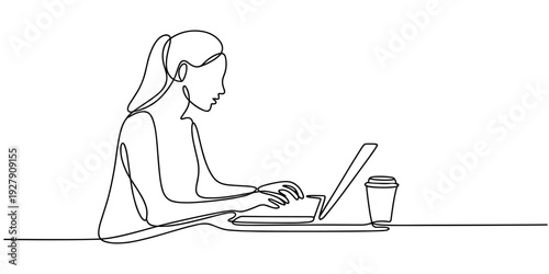 Woman with laptop computer and student cup in one continuous line drawing. Searching job for young graduate in simple linear style. Education concept in Editable stroke. Outline vector illustration