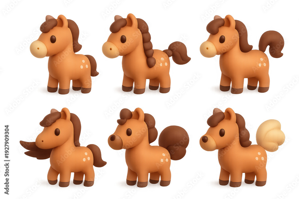 Fototapeta premium Cute cartoon horses made of clay in different poses and styles