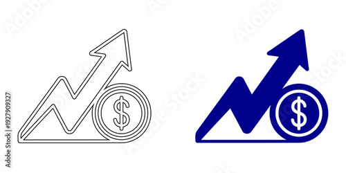 Rising Growth Arrow with Dollar Coin Icon . Concept of Business Success, Financial Profit Increase, Stock Market Uptrend, Economic Progress, and Sales Performance. Vector Line and Solid Style.