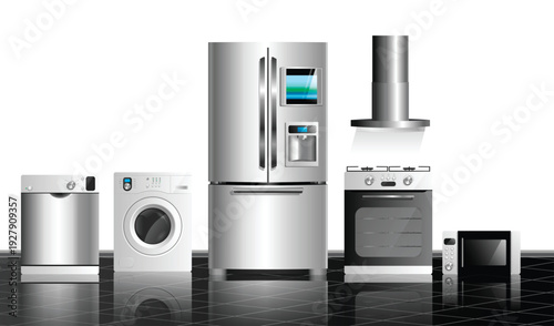 Professional row of modern stainless steel kitchen appliances including a smart refrigerator, washing machine, dishwasher, oven, and microwave on a reflective dark floor.