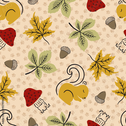Autumn Squirrel and Leaves Vector Seamless Pattern 