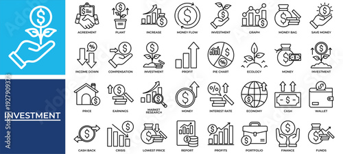 Investment icon set collection. Containing increase, planning, report, contract, earnings, graph, agreement .Line vector icons collection