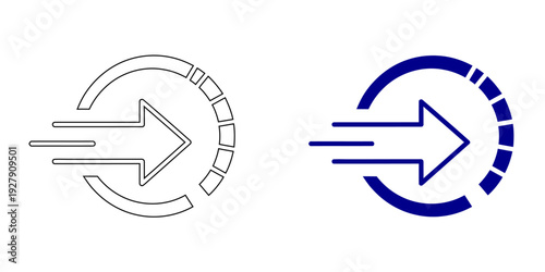 Fast Forward Arrow Icon with Motion Lines and Target Circle. Concept of Speed, Rapid Delivery, Growth Progress, Performance Goal, and Quick Success. Vector Line and Solid Graphic on White.