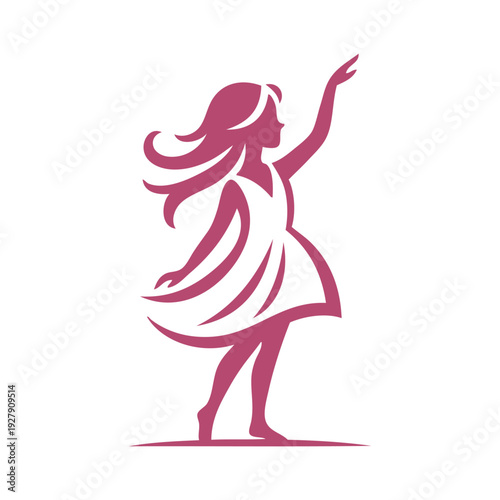 Logotipo de boutique de moda femenina. Dibujo sencillo con líneas de una chica joven de pie con el brazo levantado con un vestido, vista de perfil