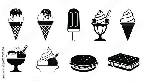 A flat lay of various dessert icons including ice cream cones, sundaes, and brownies in black and white against a clean white background.