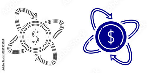 Dollar Coin with Circular Orbit Arrows Icon. Concept of Money Circulation, Currency Exchange, Cash Flow, Global Financial System, and Return on Investment. Vector Illustration on White Background.