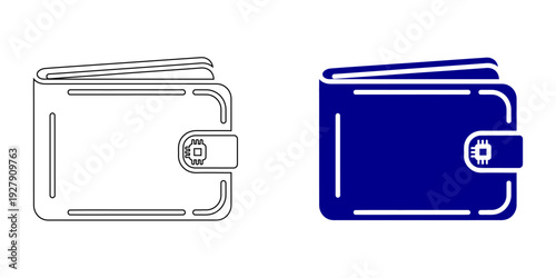 Blue and Outline Digital Wallet Icon: Leather Wallet Symbol with Circuit Chip for Fintech, Electronic Payments, Secure Cryptocurrency Storage, and Mobile Banking UI Design Vector.