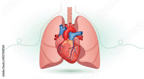 Detailed human heart and lungs anatomy illustration with trachea and blood vessels