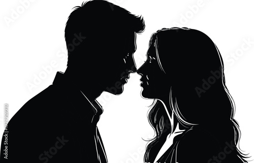 Romantic couple silhouette facing each other in intimate moment, man and woman profile illustration isolated on white for love relationship concept