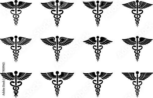 Set of Black Medical Caduceus Symbols Healthcare Icons Medicine Signs Pharmacy Logos Health and Wellness Emblems Vector Illustration Collection