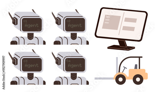 Robotics, automation, AI logistics, industrial technology, warehouse management, smart systems. Four robots with labeled screens, a computer and a forklift. Robotics and automation in logistics