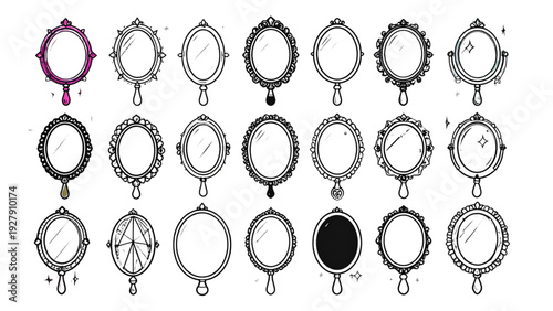 Hand mirror icon set in colorful and black styles with sparkles for beauty salon makeup and grooming designs