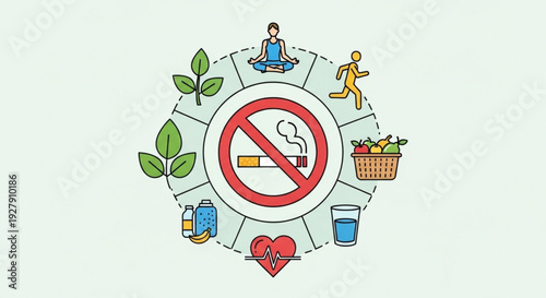 Healthy lifestyle choices around no smoking symbol with icons of exercise food and wellness