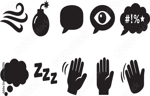 Universal Expression & Action Vector Icons: Essential UI Kit Featuring Wind, Bomb, Speech Bubbles, Eye, Swear, Sleep, Waving & Stop Hands – Versatile Communication Symbols Set