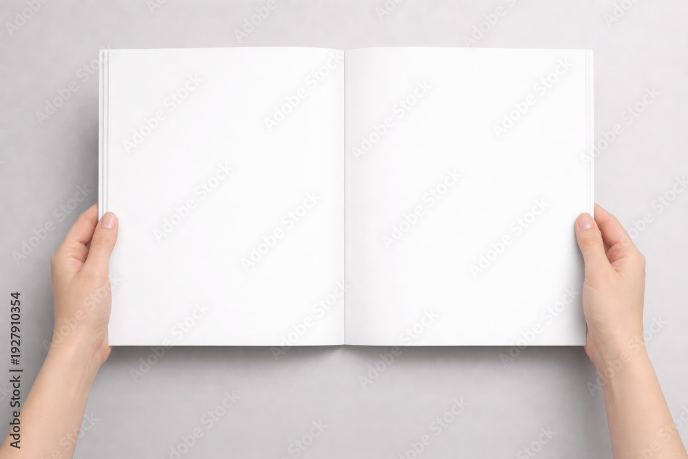 Fototapeta premium Hands holding an open blank book on a gray background viewed from above