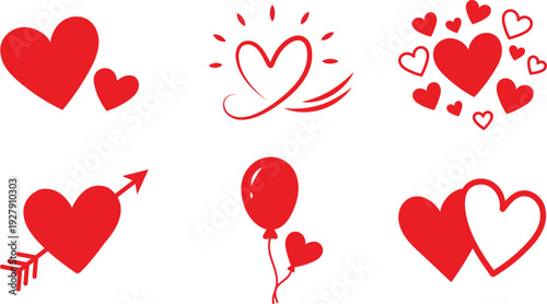 Collection of red heart icons with different love and affection designs