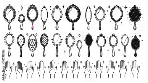 Hand mirror icon set in colorful and black styles with sparkles for beauty salon makeup and grooming designs
