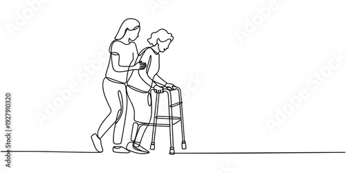 Continuous line drawing. Young woman help old woman using a walking frame. one line Icon drawing with white background