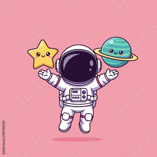Cute Cartoon Astronaut Floating with Smiling Star and Planet Illustration on Pink Background