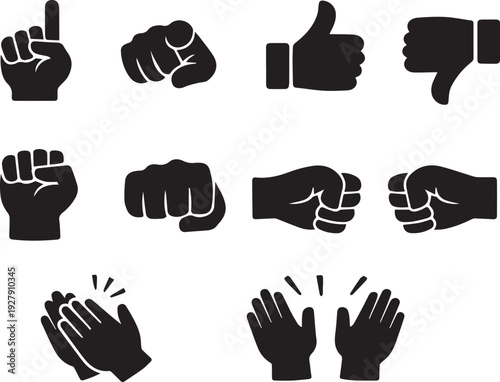 Diverse Hand Gesture Icons Set: Expressive Communication Symbols for UI/UX Design, Social Media Feedback, and Non-Verbal Interaction. Vector Graphics Collection.