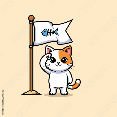 Adorable Cartoon Cat Saluting Fish Skeleton Flag: Playful Feline Loyalty & Dedication