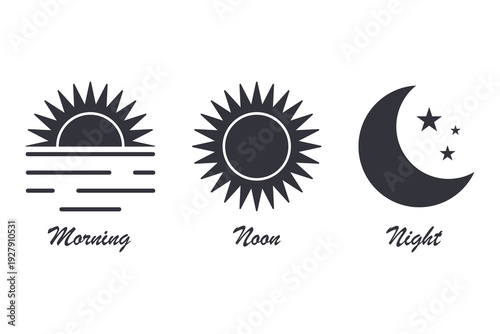Morning sunrise, midday sun, and night moon with stars. Vector time of day icons.
