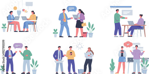 Office teamwork communication scenes collection, coworkers discussing ideas using laptops smartphones, business meeting concept icons, flat vector illustration