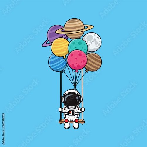 Cute Cartoon Astronaut on a Swing Carried by Colorful Planet and Moon Balloons, Isolated on Blue Background