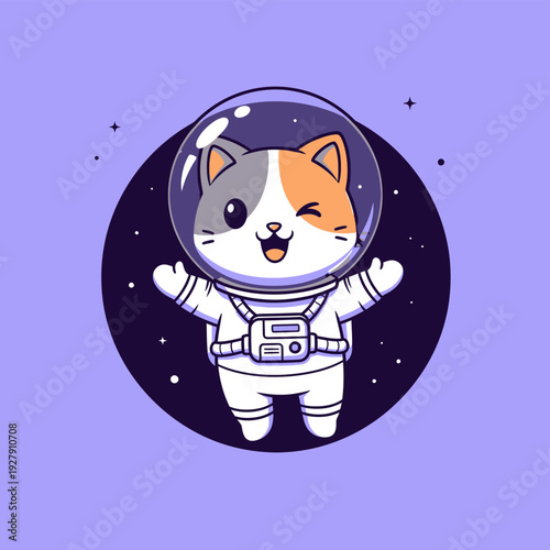 Cute Cartoon Calico Cat Astronaut Floating in Space Vector Illustration with Winking Happy Face. Adorable Pet Space Explorer Graphic for Kids & Fun Designs.