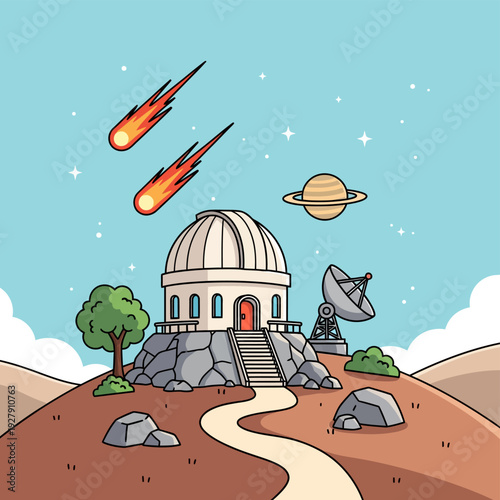 Cartoon Astronomy Observatory Illustration with Meteors, Planet Saturn, and Satellite Dish