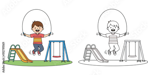 Cute boy jumping rope at playground with swing and slide, color and black and white coloring page outline vector illustration.