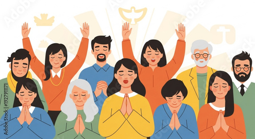 Diverse group of people with hands together in prayer or celebration conveying unity and harmony in a vibrant illustrative style