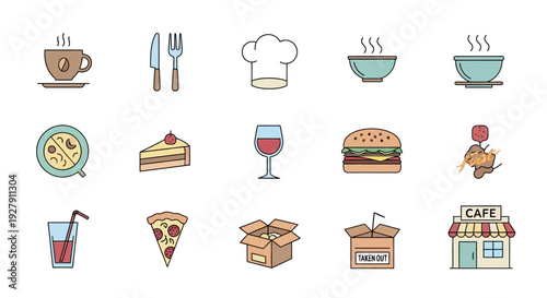 Assorted Food and Drink Icons Set.