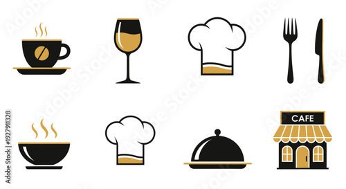 Cafe Restaurant Food Service Icons Set.