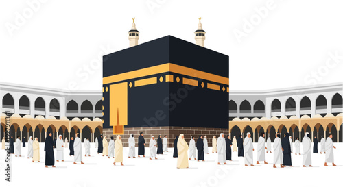 Kaaba in Mecca with Pilgrims - Hajj and Umrah Islamic Pilgrimage, Holy Mosque Worship Illustration