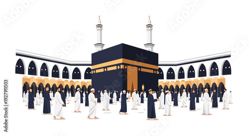 Kaaba in Mecca with Muslim Pilgrims - Hajj and Umrah Holy Pilgrimage Flat Vector Illustration