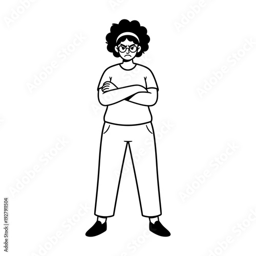 Hand drawn style illustration of an angry person with glasses and crossed arms