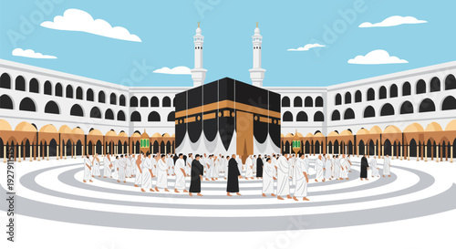 Pilgrims Performing Tawaf Around the Kaaba in Mecca During Hajj or Umrah, Flat Vector Illustration of the Grand Mosque