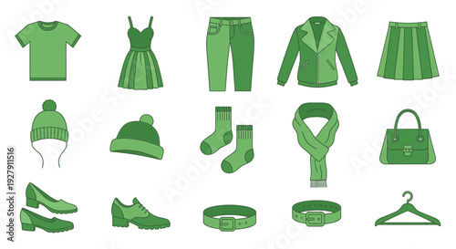 Collection of green clothing items.