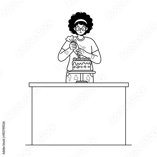 Hand drawn style illustration of a person decorating a messy cake with icing bag.