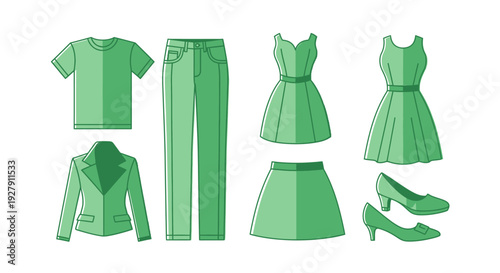 Green fashion clothing and shoes collection.
