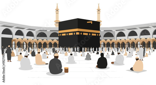 Kaaba in Mecca with Muslim Pilgrims at Masjid al-Haram - Iconic Islamic Hajj and Umrah Pilgrimage Scene Vector