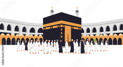 Hajj and Umrah Pilgrims Performing Tawaf Around the Kaaba in Mecca - Islamic Holy Site Flat Illustration