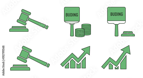 Green icons of business and law.