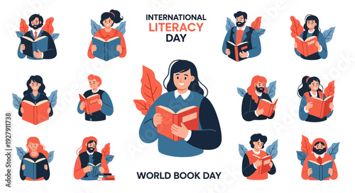 Diverse Group of People Reading Books Celebrating International Literacy and World Book Day. Education, Knowledge, Learning, and Reading Promotion.